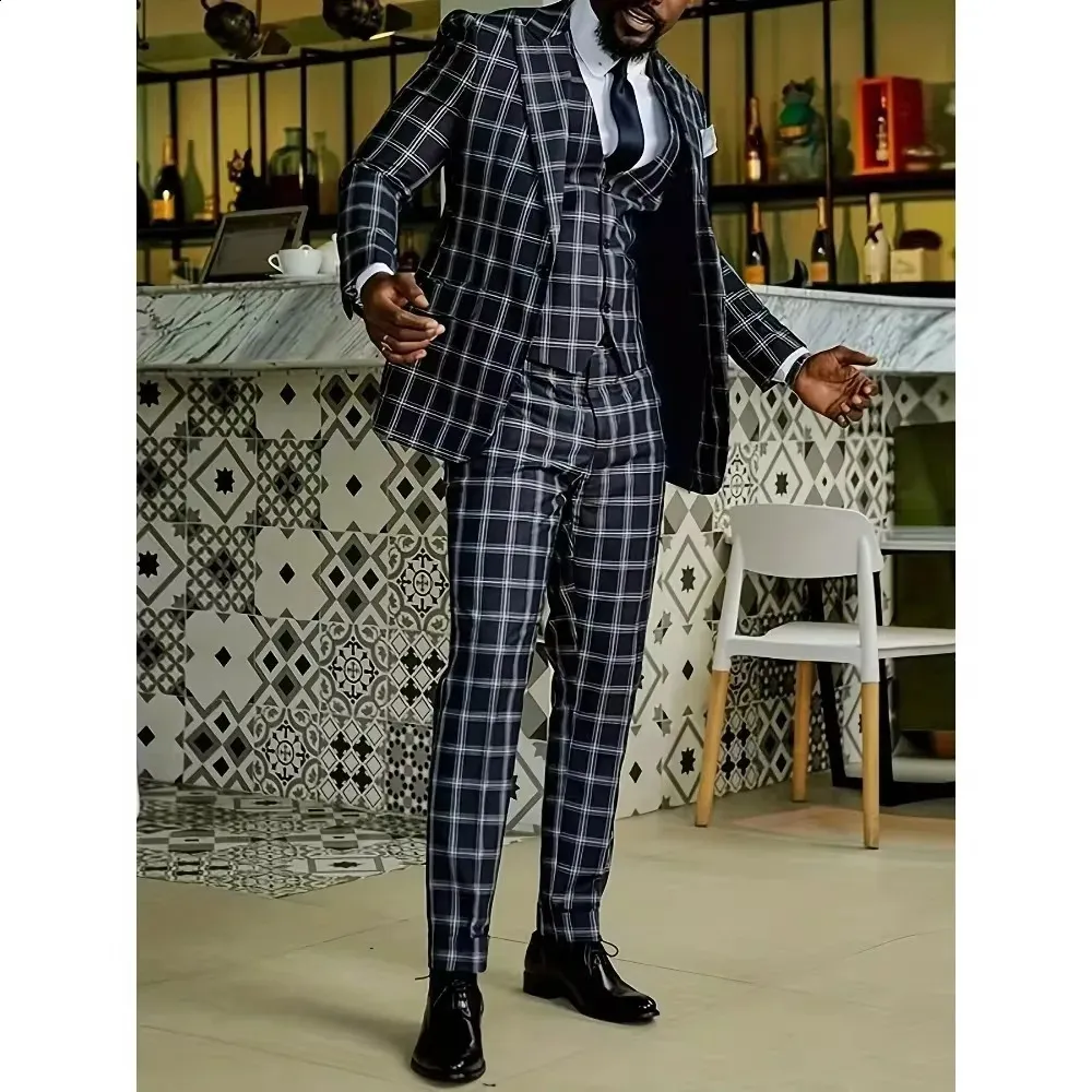 Save Big on Bulk Mens Blazer And Pants Set Mens Suits 3Pcs/Set Basic Plaid  Print Notch Lapel One Button Long Sleeve Blazer Pants Set Casual Daily High 