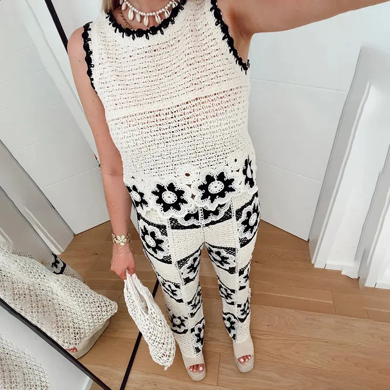 Crochet Flower Knitted Hollow Out Vest Pants Set Sleeveless