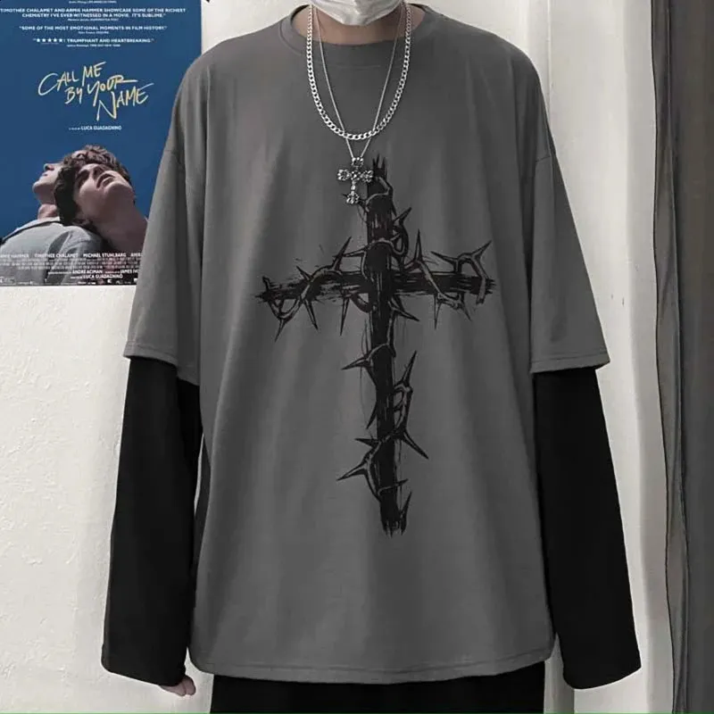 Y2k T Shirt Mens Casual Printed Cross Long Sleeve T Shirt Fashion