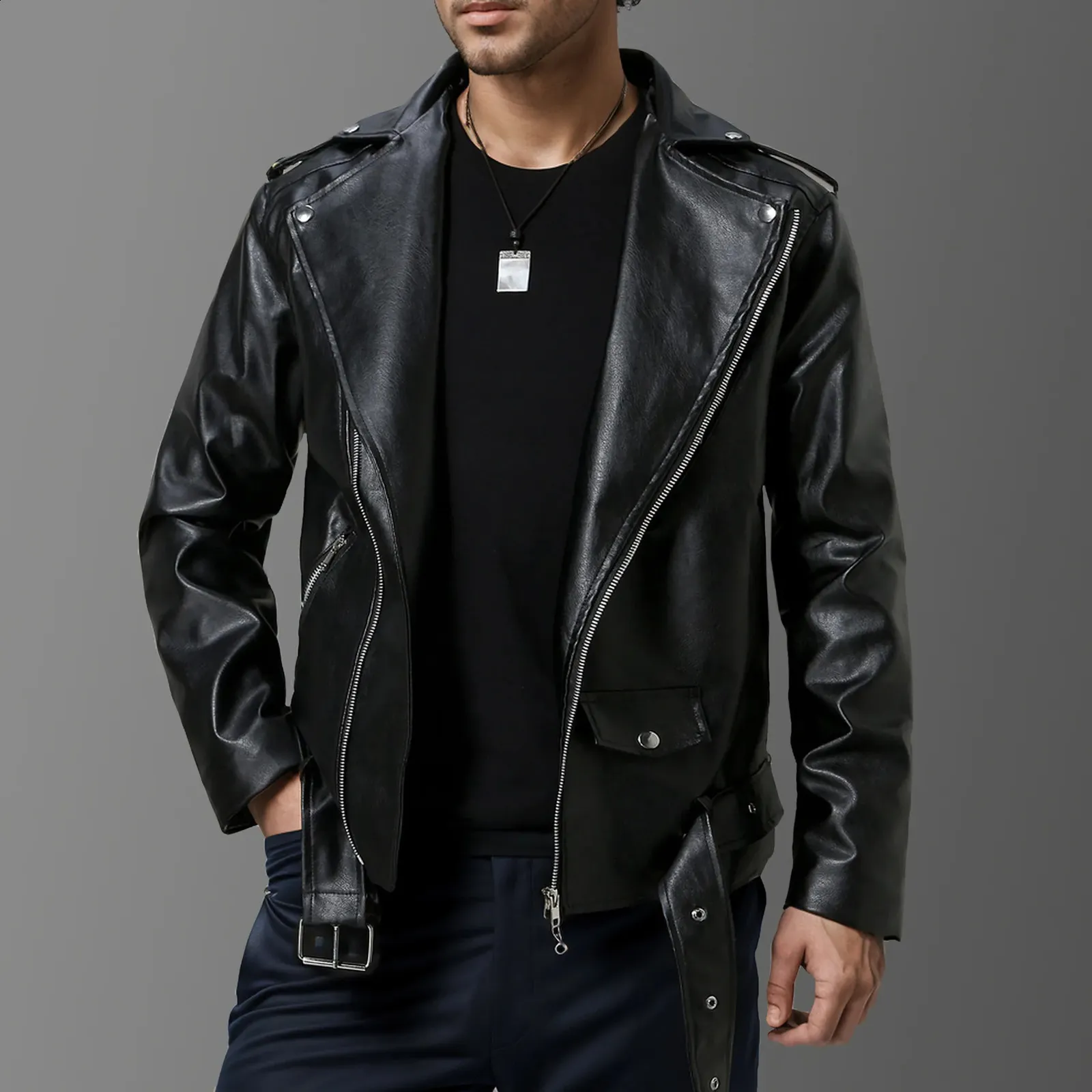 Veste En Cuir Homme Grande Taille - Coupe Ajustée, Poche Zippée Revers, Style Printemps/Automne, Look Biker Moderne