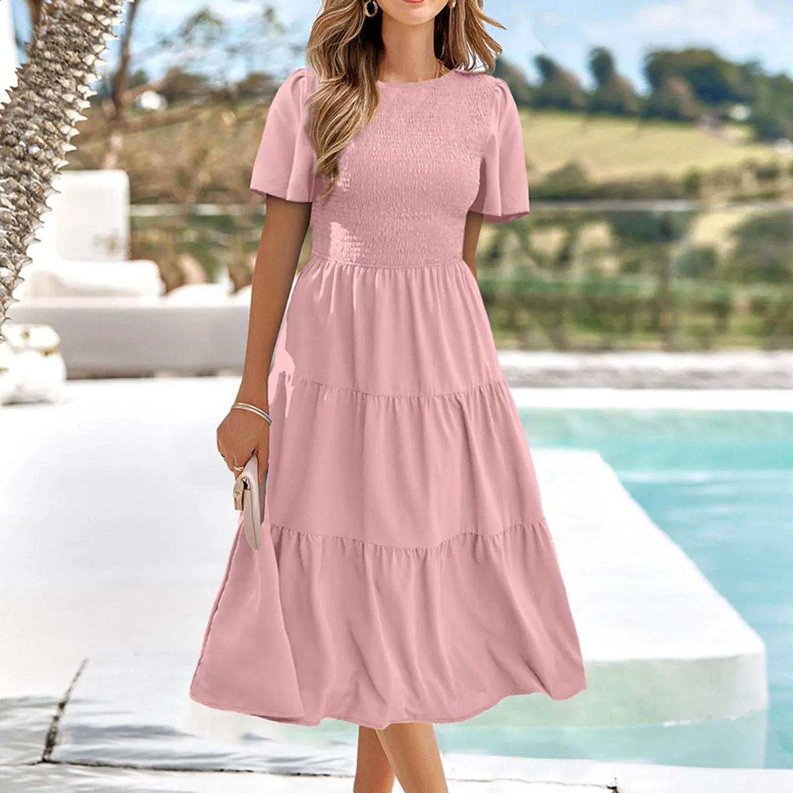 Summer Dresses For Women Casual Flutter Short Sleeve V Neck Smocked Elastic  Waist Tiered Floor-Length Chiffon Dress from Dhgate Basic & Casual Dresses  - price 41.56