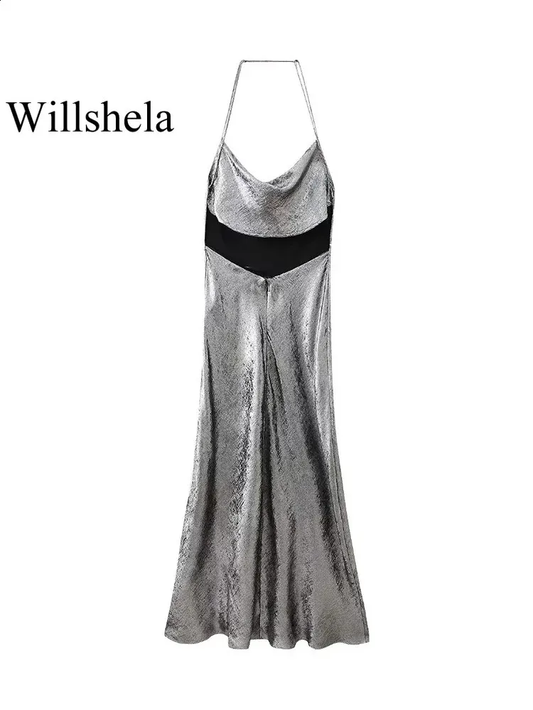 Chic Satin Midi Dress for Women - Backless, Zipper Closure, Vintage Halter Style with Swinging Collar - Willshela 240810
