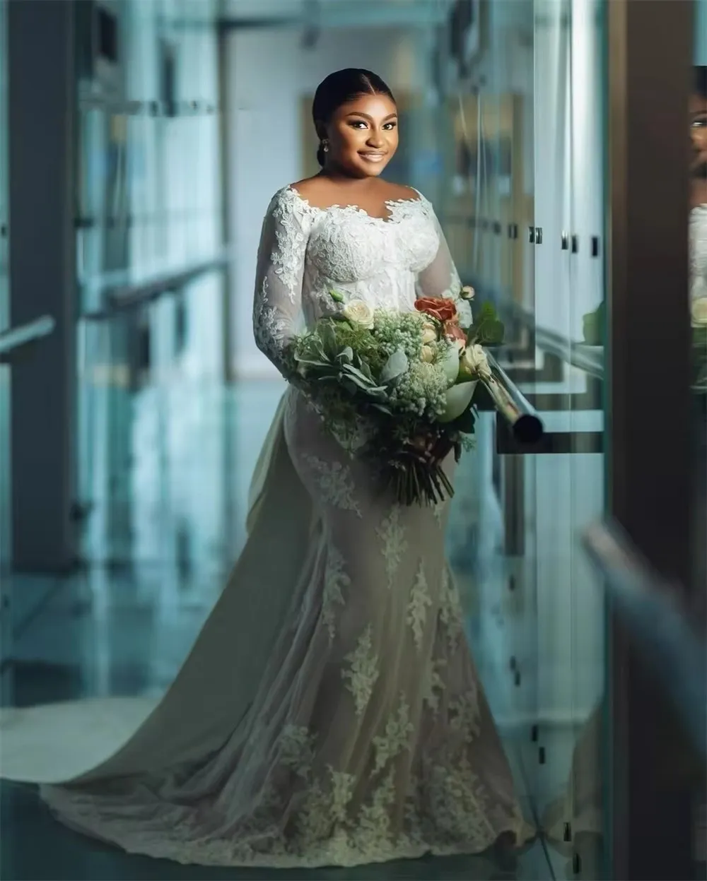 fitted lace wedding dress Three Quarter Sleeve Lace Fit Flare Wedding Dress