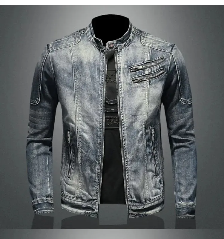 Mens Denim Jacket Trendy Retro Fashion Casual Stand Up Collar Zipper Jacket Handsome Riding Biker Clothing Denim Tops 240810 From 44 3 DHgate