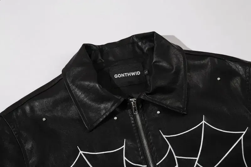 Black Leather Jacket Y2K Streetwear Hip Hop Embroidery Heart