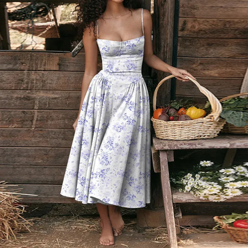 Vintage French Style Spaghetti Strap Long dress - Elegant Summer Party Vestidos Robes