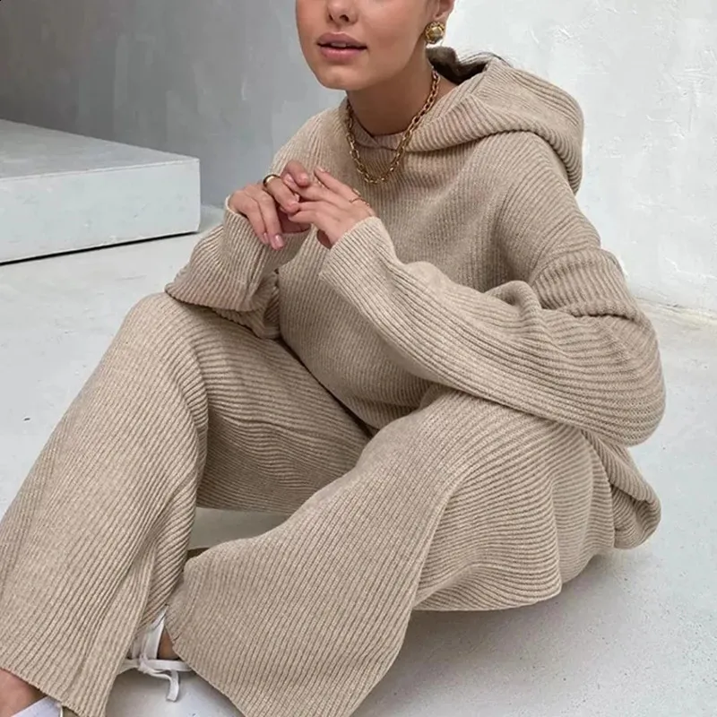 Comfy Knitted Two-Piece Loungewear Set: Hoodie Wide Leg Pants Shop Now!