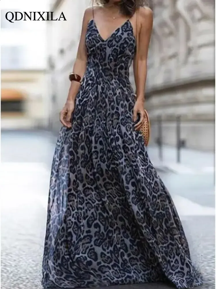 Elegant Leopard Print V-Neck Suspender Long Dress for Women