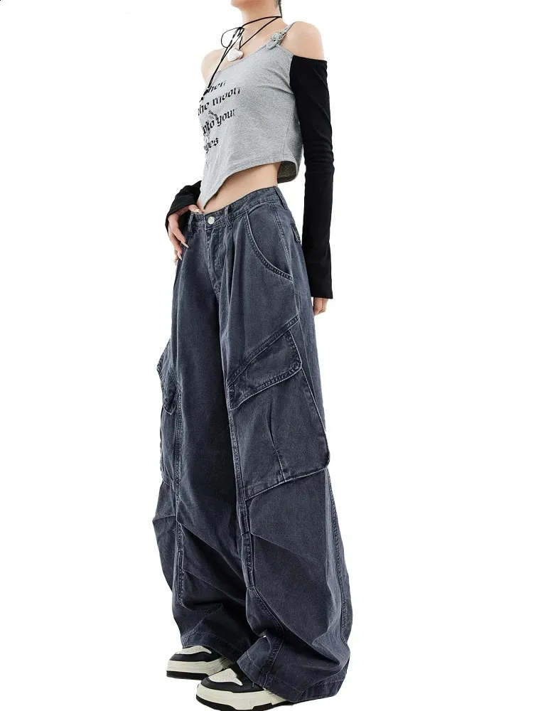 Womens Grey Y2K Flare Jeans Harajuku Japan 2000s Style 90s Fashion