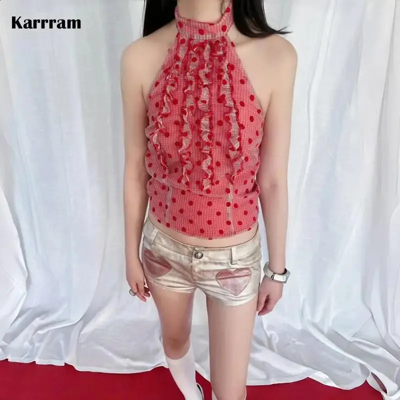 Karrram Y2k Red Halter Top Vintage 2000s Style Polka Dot Camisole