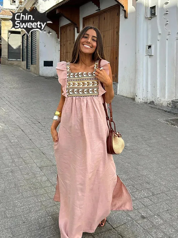 Vintage Printed Flare Sleeve Dress for Women - Elegant Square Neck A-Line with High Waist and Split Detail - Perfect for Summer Vacation - Style