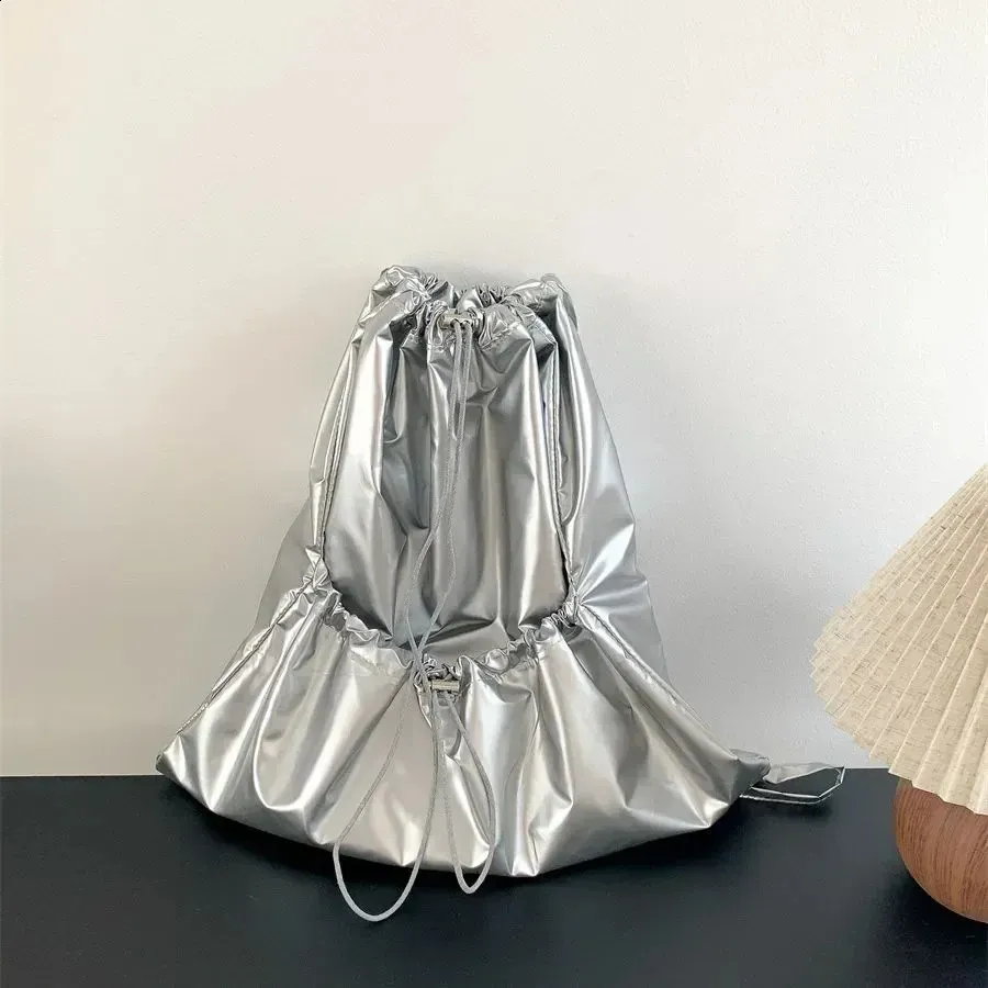 Silver Metallic Drawstring Backpack Silver Leather Drawstring Travel Backpack: Korean Fashion, Versatile ...
