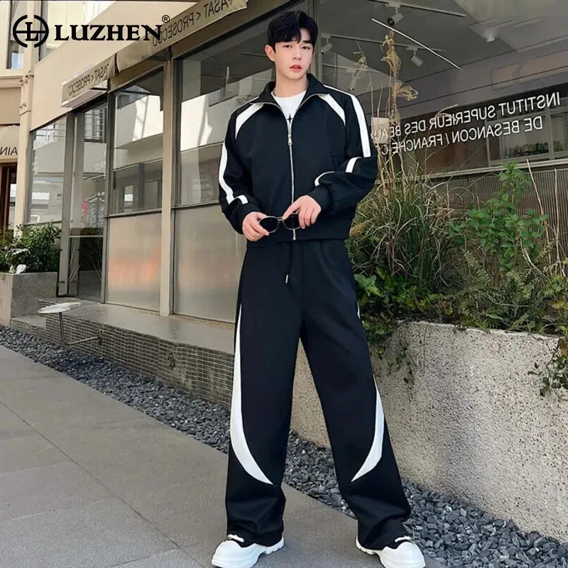LUZHEN Mens Two Piece Sports Jacket And Pants Set Contrast Color