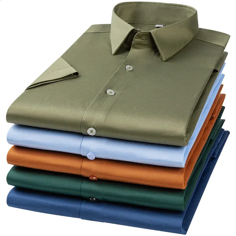mens square bottom dress shirts Bespoke White Square Button Front Short Sleeve Contrast Trim Mens Dres