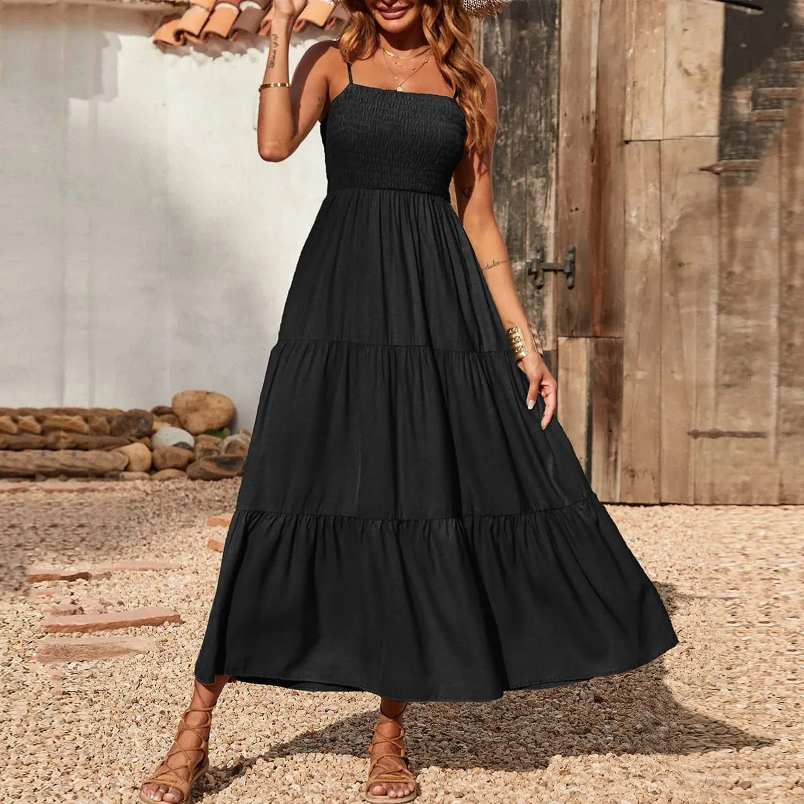Bohemian Ruffle Layer Maxi Sundress for Women