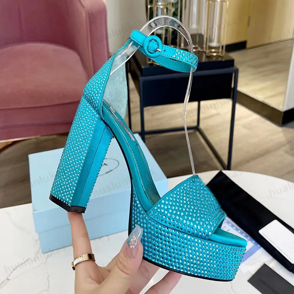 Luxury Patent Calfskin Platform chunky sandals with Rhinestone Decorative Ankle Band Designer Dress Shoes Sizes 39 42