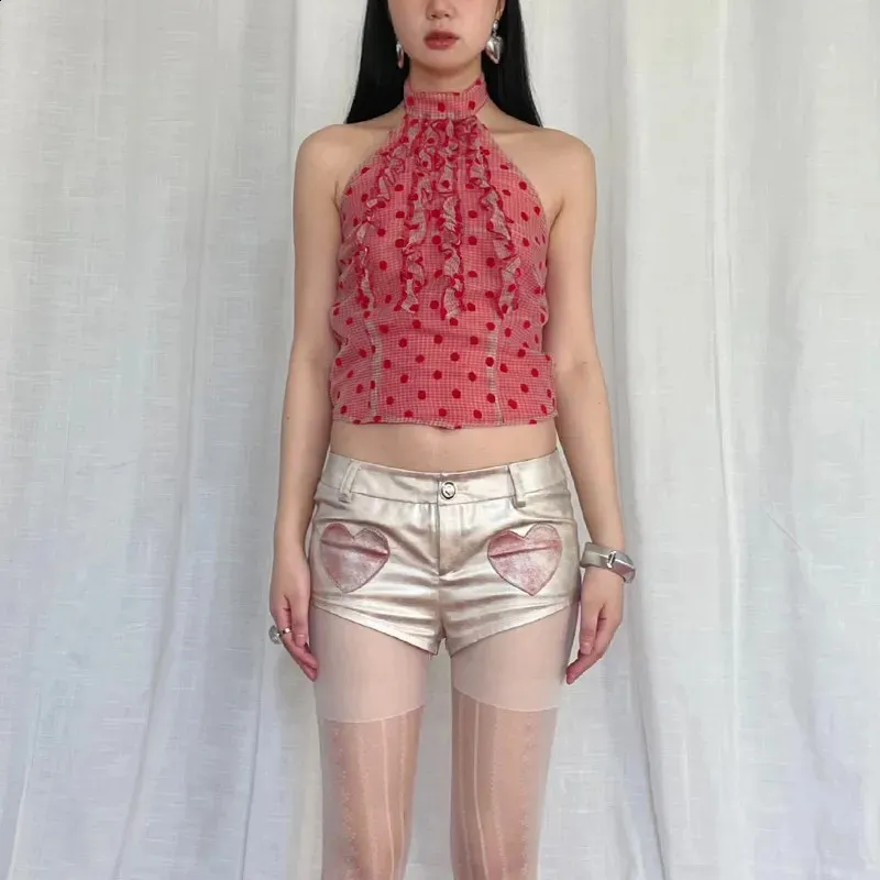 Karrram Y2k Red Halter Top Vintage 2000s Style Polka Dot Camisole