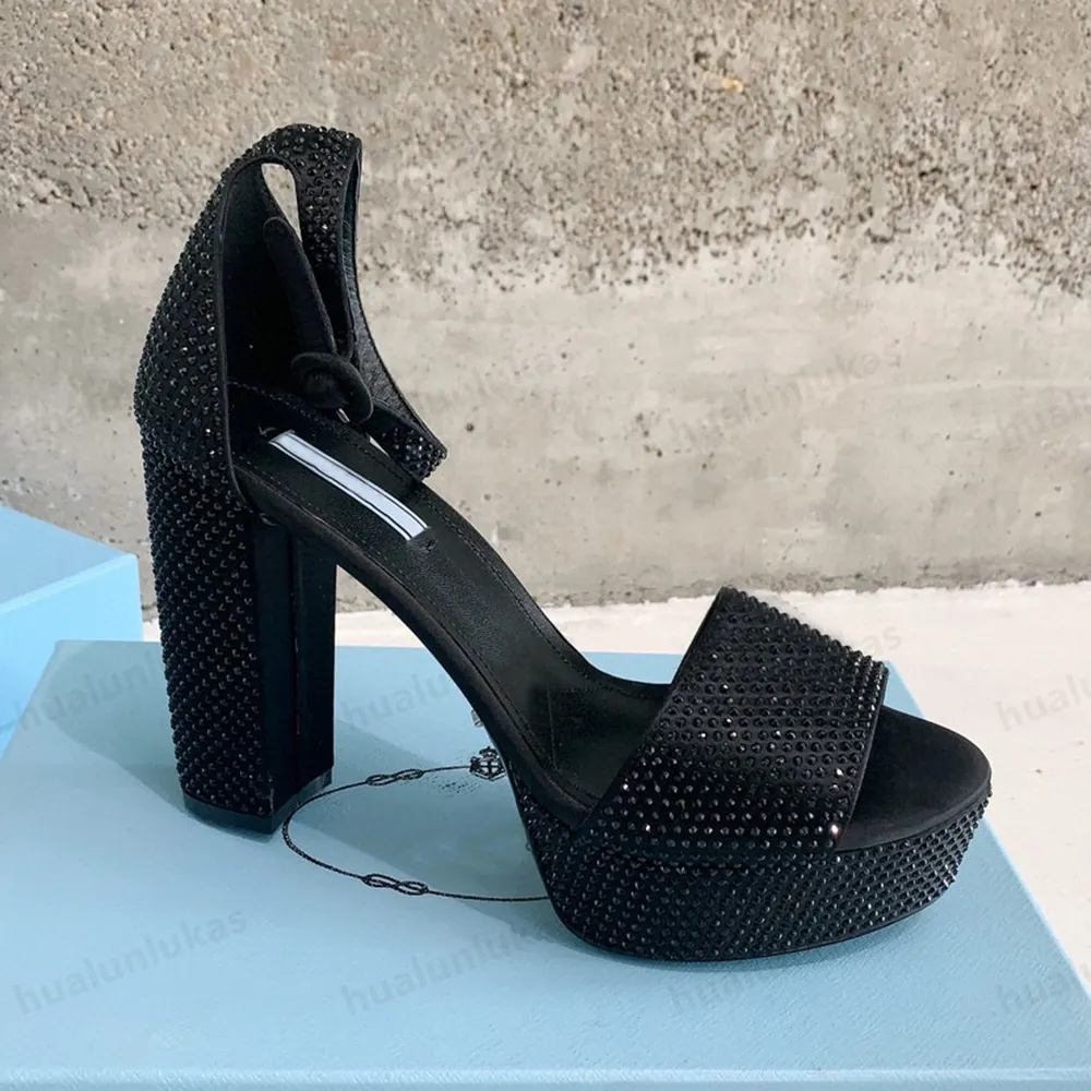 Crystal embellished Ankle Strap Platform sandals chunky heels Patent leather high heeled block heel sandal luxury designer shoes for women Party dress