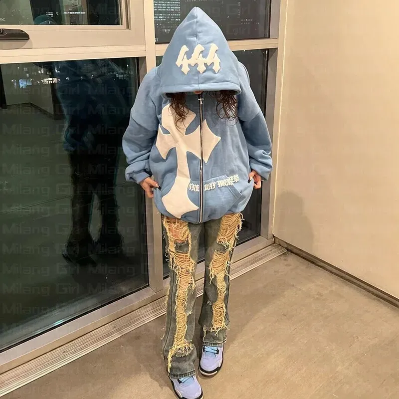 MAEHARRT Unisex Y2k Zip Up Hoodie Letter Graphic Over Face Streetwear