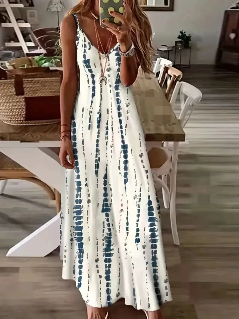 Save Big on Bulk V Neck Spaghetti Strap Maxi Dress Spaghetti Strap Summer  Dresses, Tropical Print Maxi Dress: Women's V Neck Tie Dye Long Dress For 