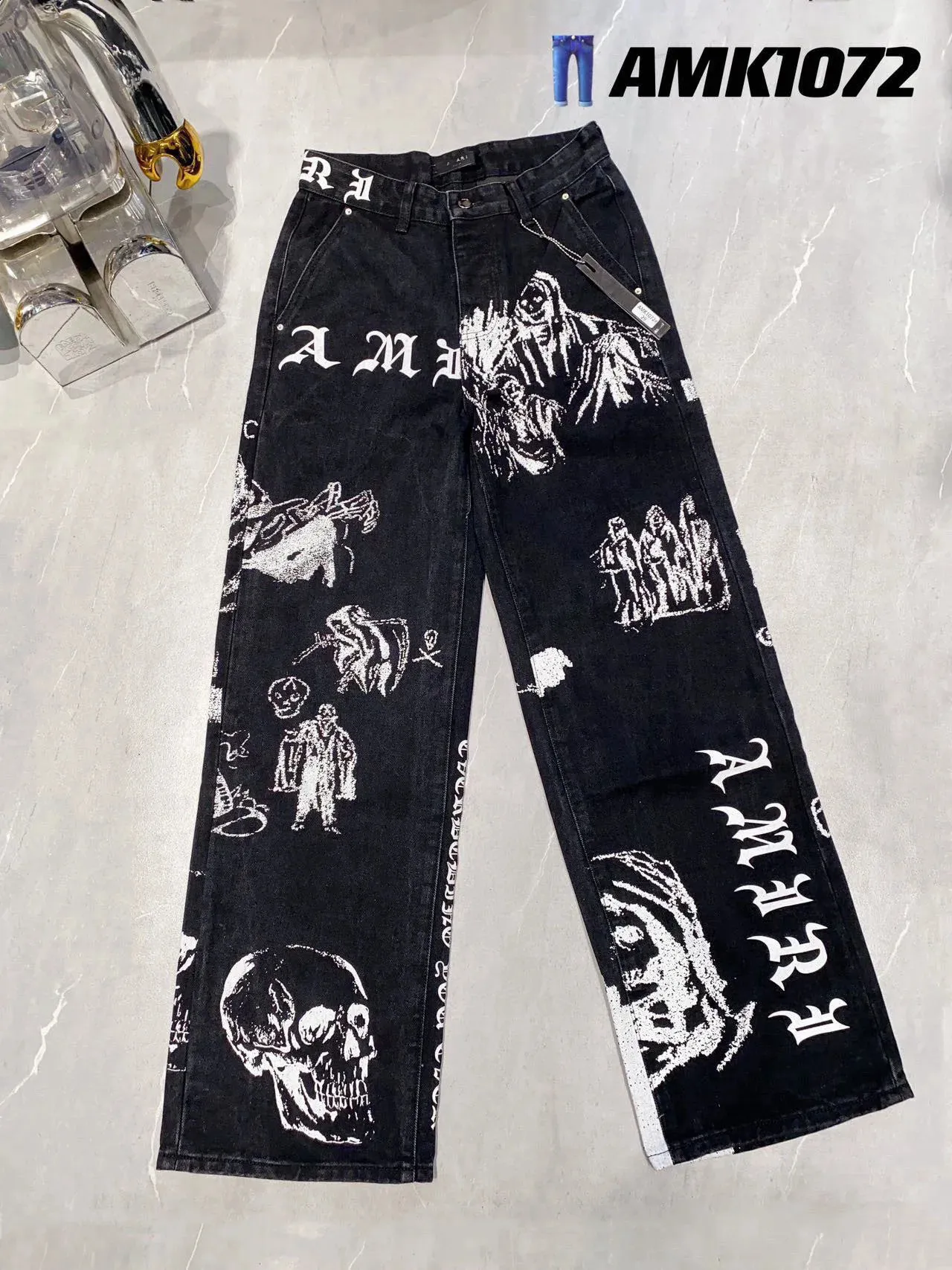 Graphic Mens Baggy Jeans: Wide Leg, Skull Letter Shop Now!