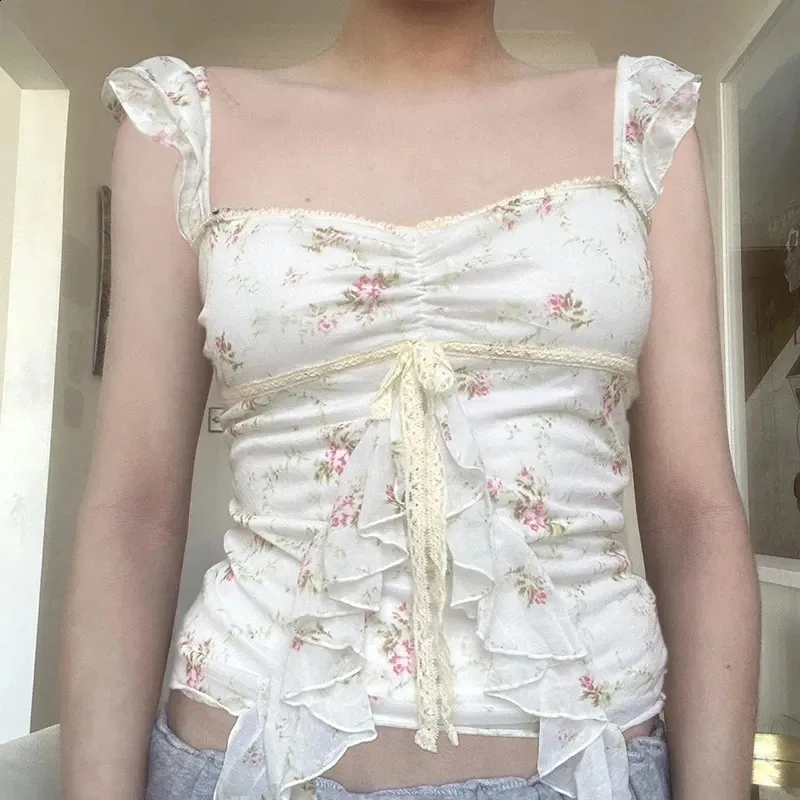 Y2K Coquette Floral Print Tank Top Fairycore Aesthetic Ruffle Lace - Main Image