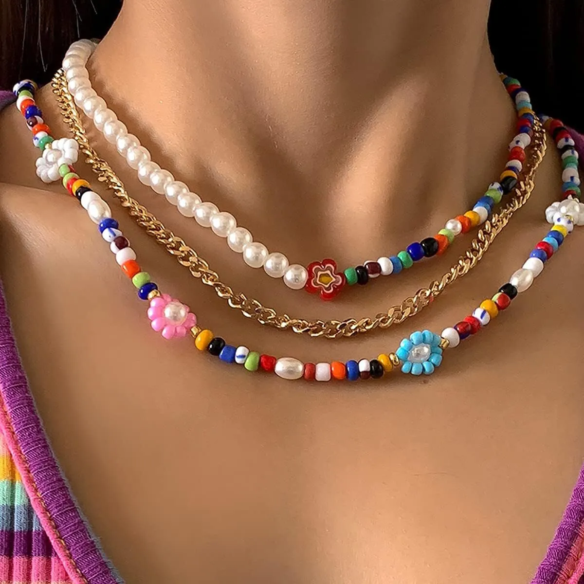 Exquisite Flower Bohemian Necklace With Artificial Pearl Seed Beads And Colored Glass Flower Design Multi Layer Cuban Chain For Women And Girls Perfect For Summer Parties And Punk Style From Wuronghua...