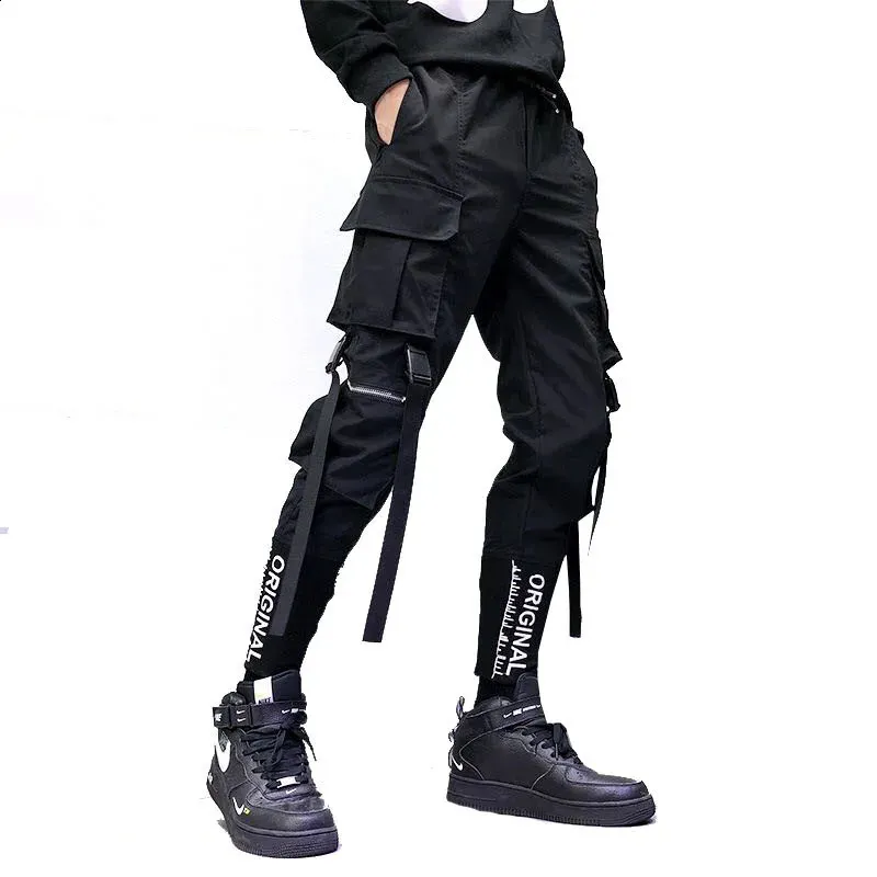 Cargo Pants Streetwear: Mens Elastic Waist Ribbon Cargo