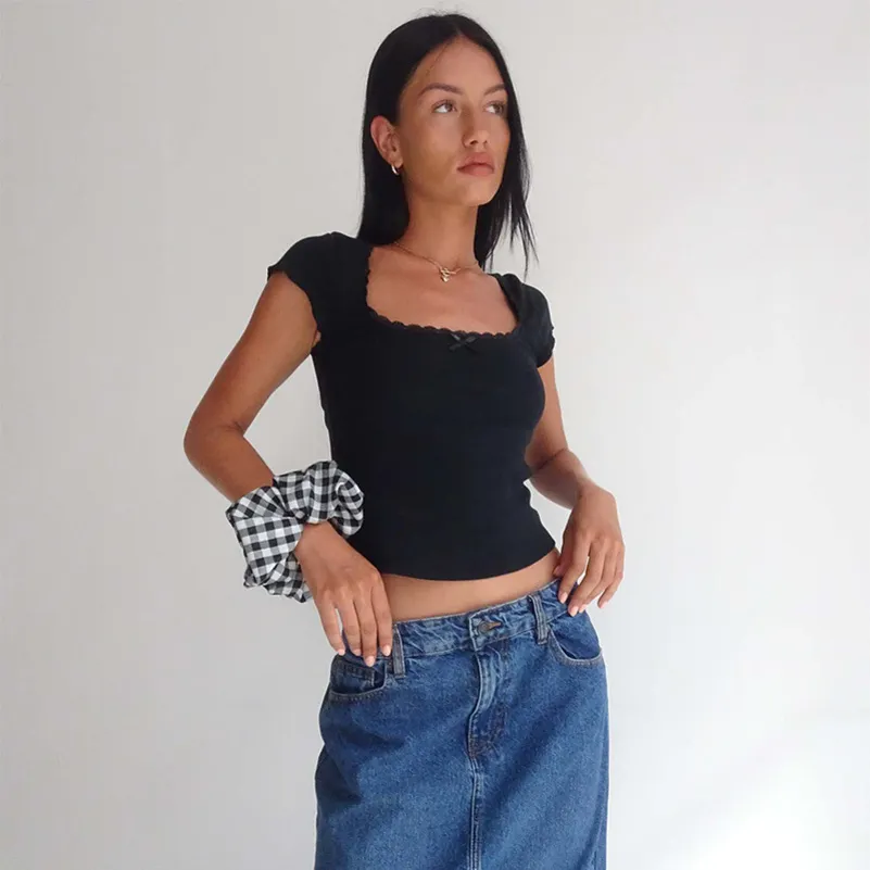 Y2k Vintage Tee Cottage Lace Trim Knitted T Shirt Summer Square