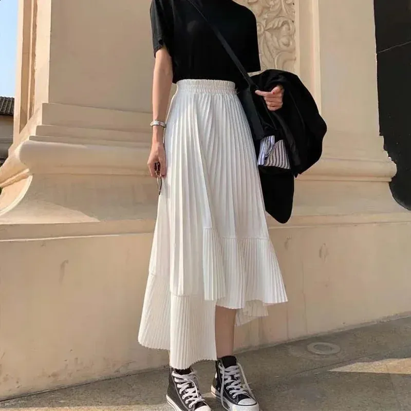 Korean Fashion White High Waist Pleated A-line Midi pleated