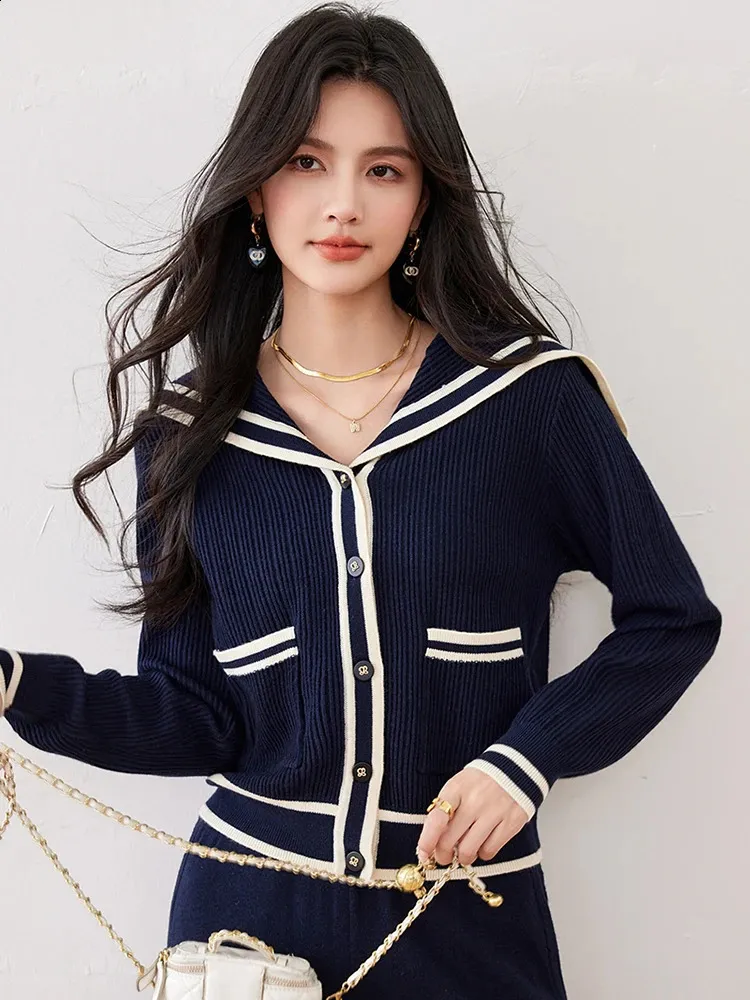 Navy Blue Cardigan Sweater: Womens Nautical Knit Pullover Autumn