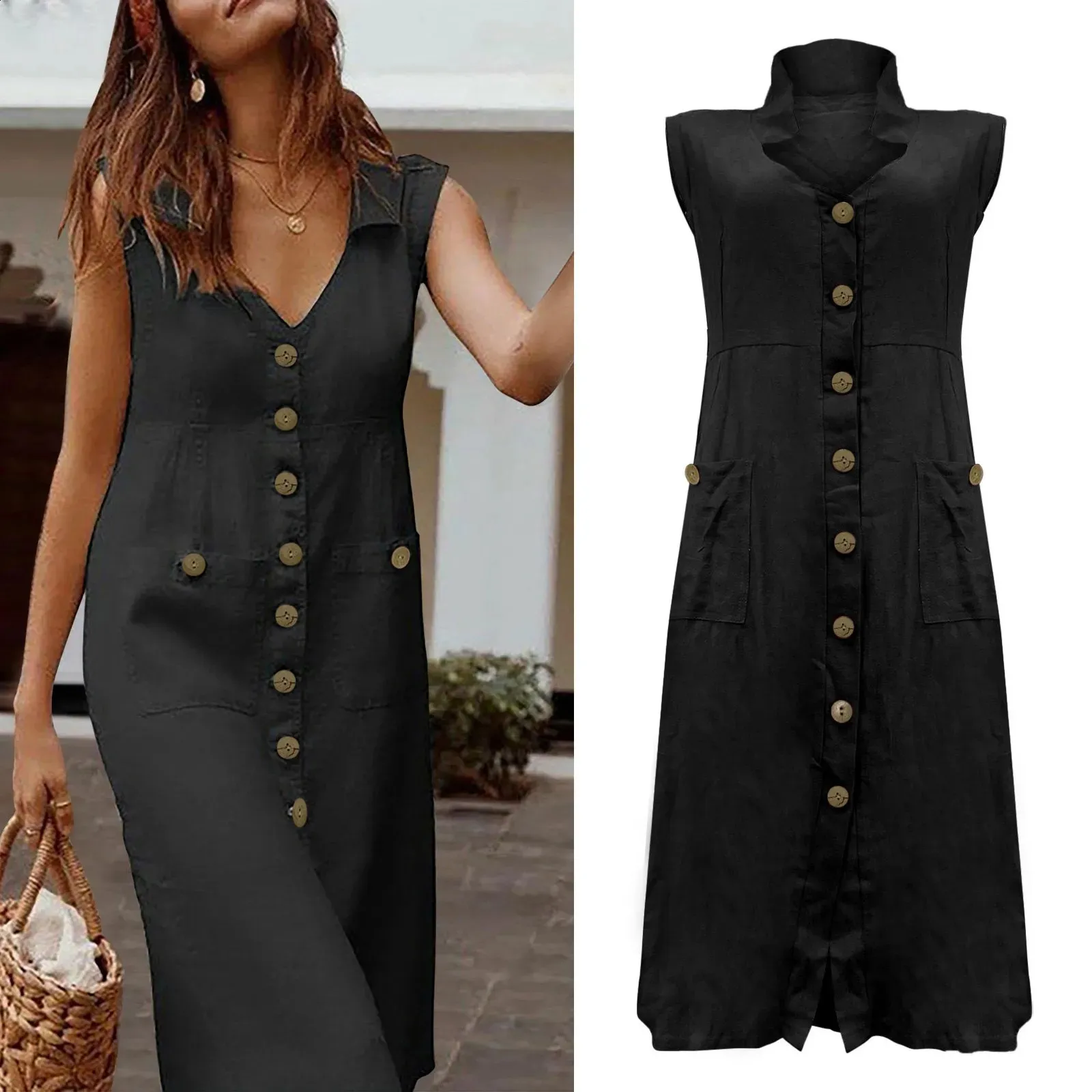 AusLook Plus Size Women Summer Dress Sleeveless V Neck Casual Cute