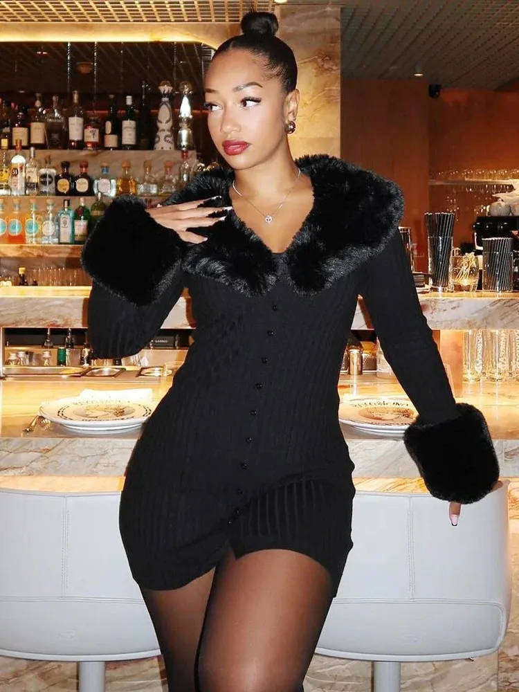Womens Sexy Vintage Faux Fur Mini Dress Ribbed, Bodycon