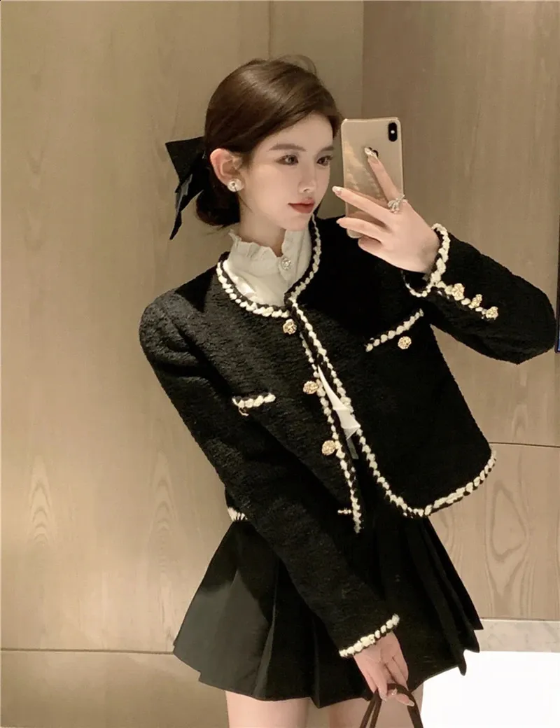Womens Tweed Jacket Cropped Coat with Elegant Buttons and O Neck