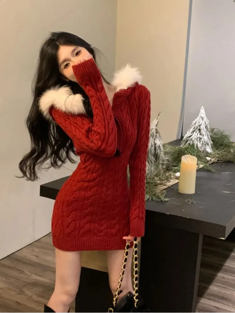 Mini Dress Korea: Winter Knitted Hooded Sweater Dress, Slim