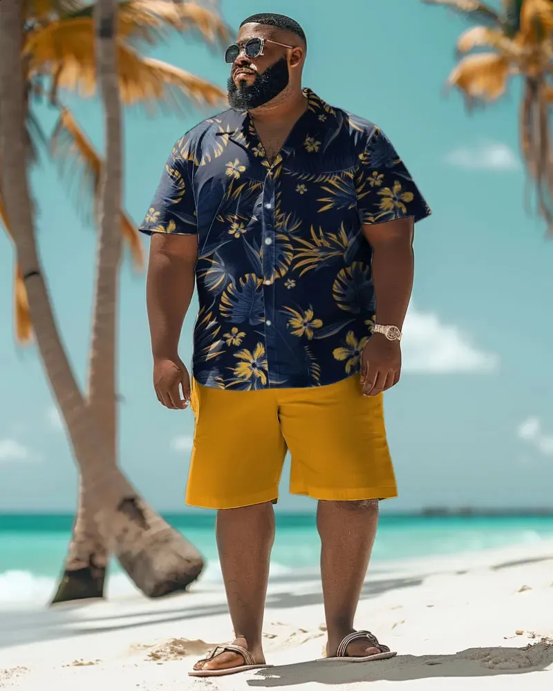 Biggmans Mens Plus Size Hawaiian Shirt Set L-9XL Linen Blend