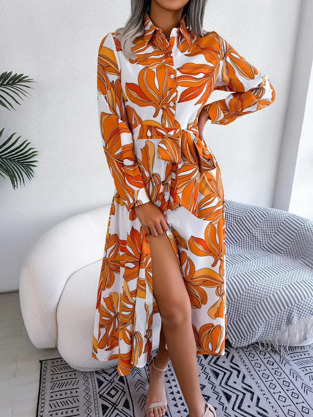 DHgate.com:Floral Print Maxi Shirt Dress: Long Sleeved