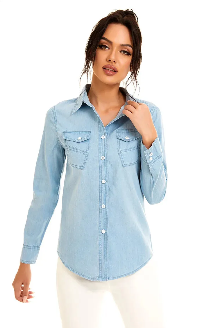 Save Big on Bulk Light Blue Denim Shirt Women Blue Jean Shirts For Ladies:  Slim Fit Light Blue Denim Blouse, Thin Cotton Long Sleeve Casual Tops For 
