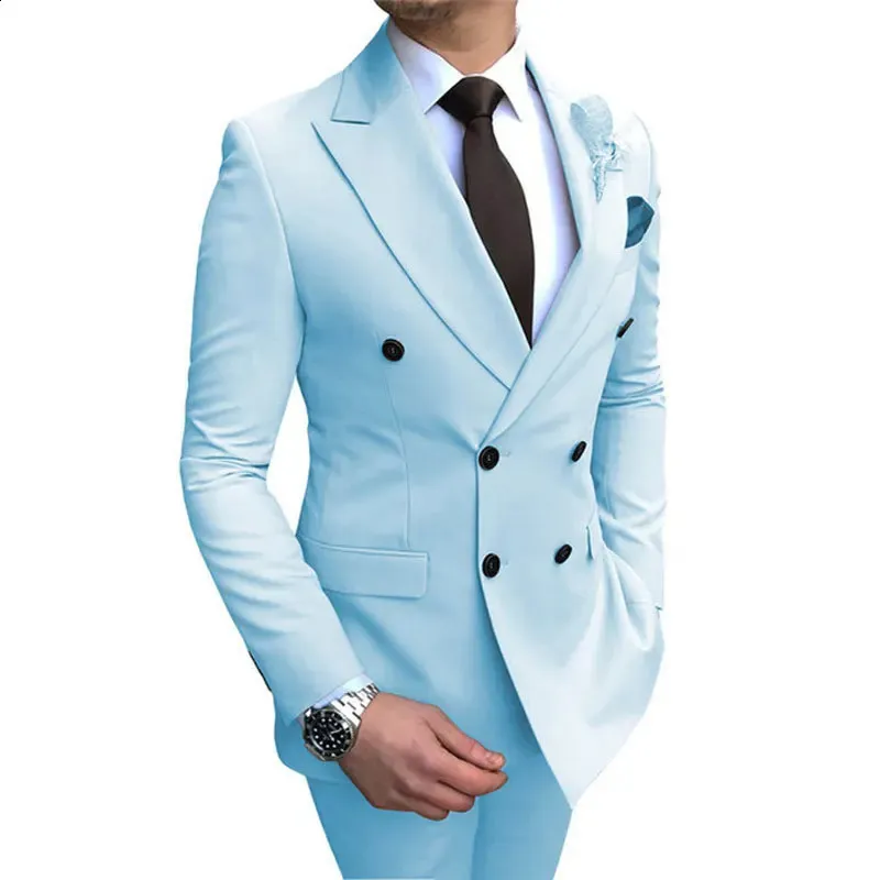 Mens Slim Fit Double Breasted Wedding Suit Solid Color Set, Formal