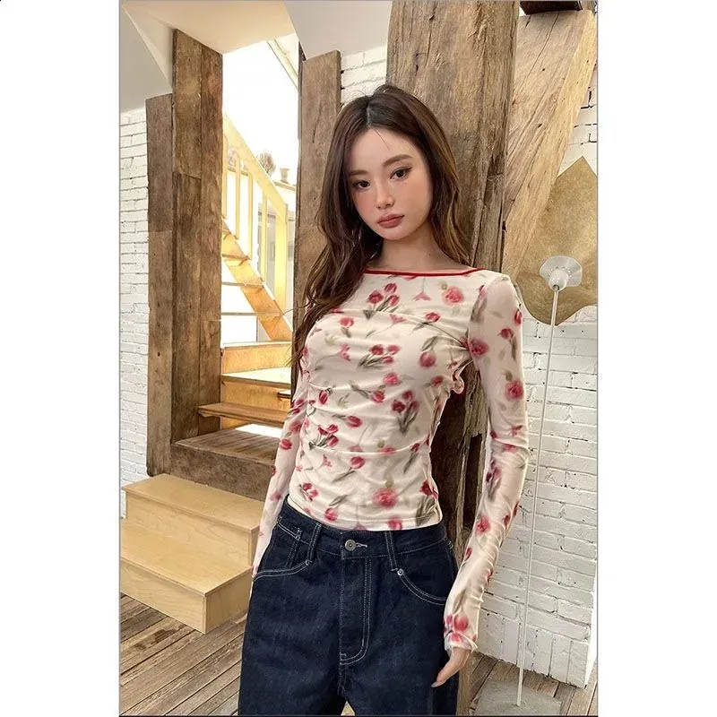 Retro Rose Printed Long Sleeve Mesh Top – Summer 2024 From