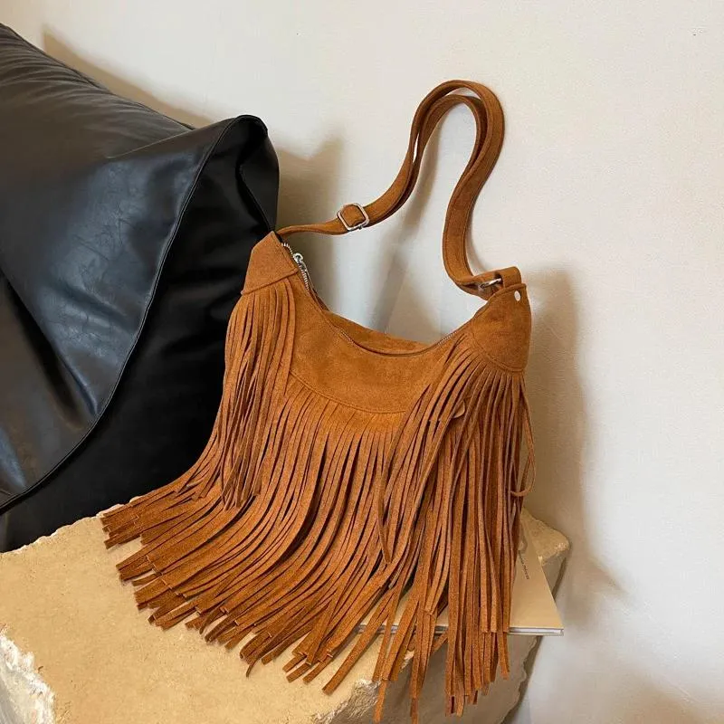 2024 Fashion Women s Tassel and Fringe Suede fringe shoulder bag Crossbody Purse Handbag Tote in Brown Black