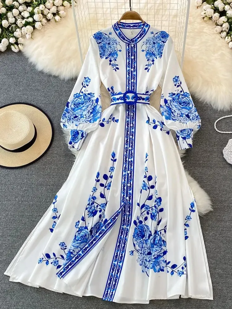 Floral Print V Neck Dress Elegant Blue White Porcelain Design, Long  Lantern Sleeves, Shop Now!