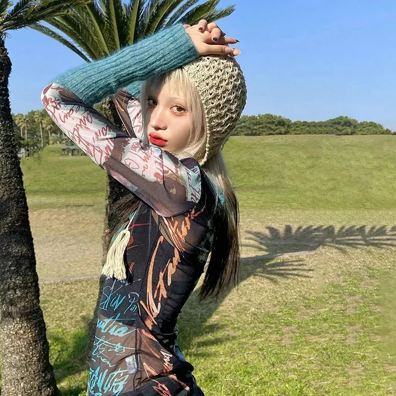 Y2K Mesh Patchwork Top: 90s Aesthetic Long Sleeve. Shop Now