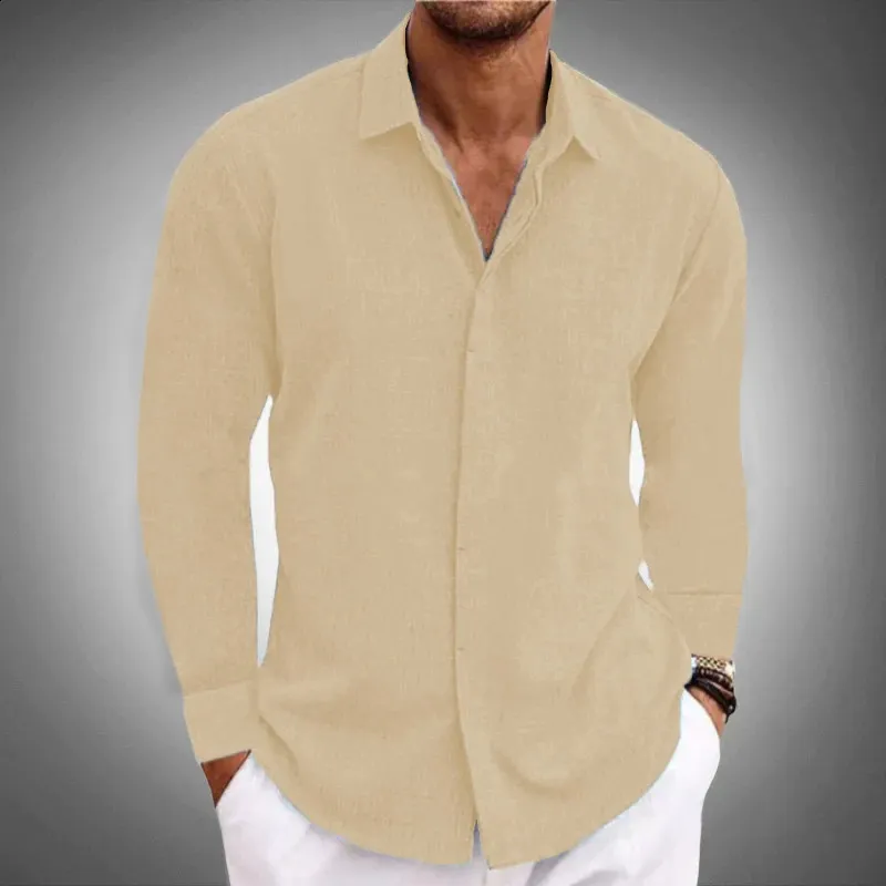 Mens Solid Color Long Sleeve Linen Button Down Shirt With Lapel And Hidden Button Comfortable High Street Top 240812 From Sereinstore 21.65 DHgate.Com