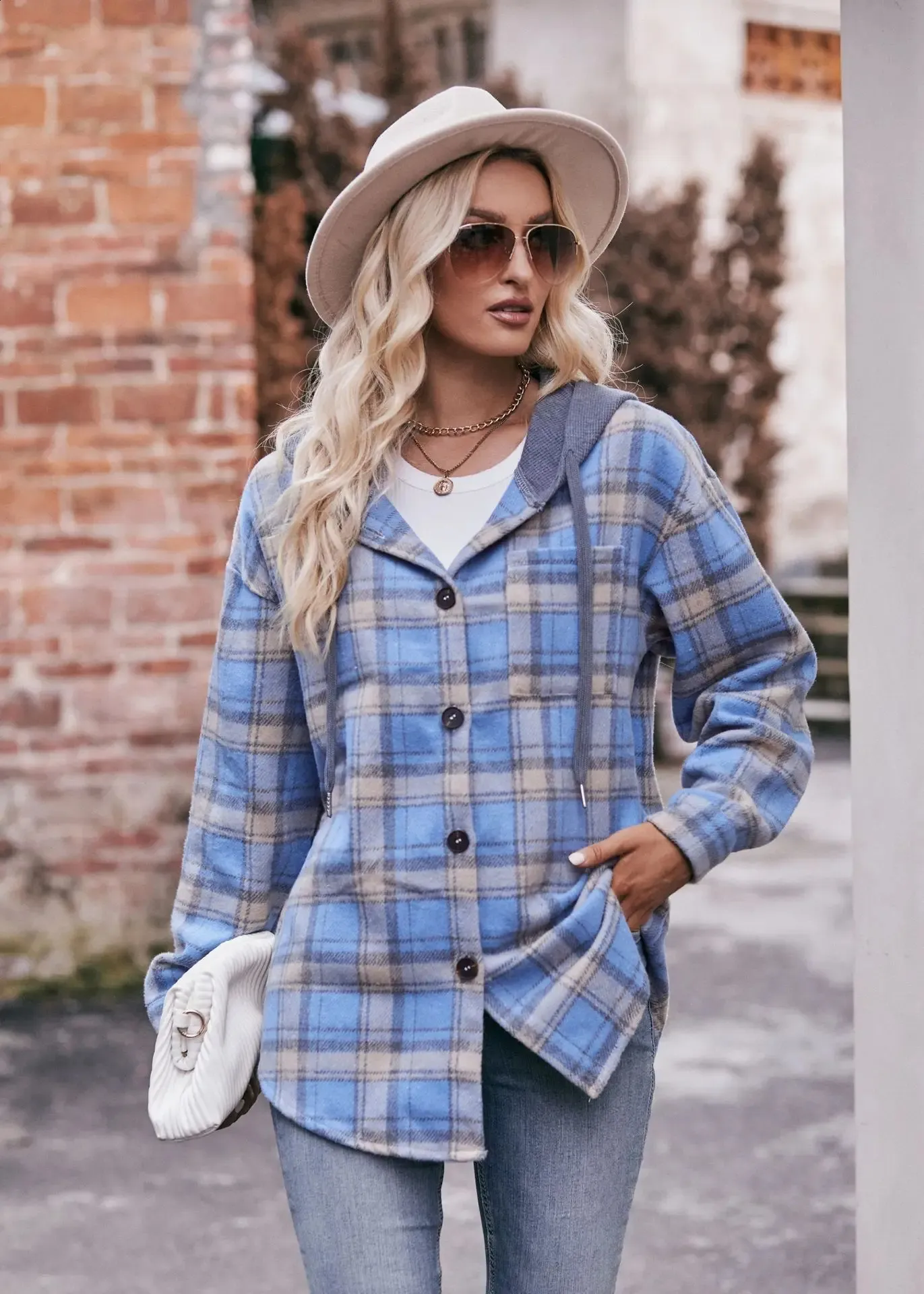 極美品 MADISONBLUE QUILTING COAT FLANNEL Plaid Hooded Flannel Coat Womens Casual Loose Fit Shirt