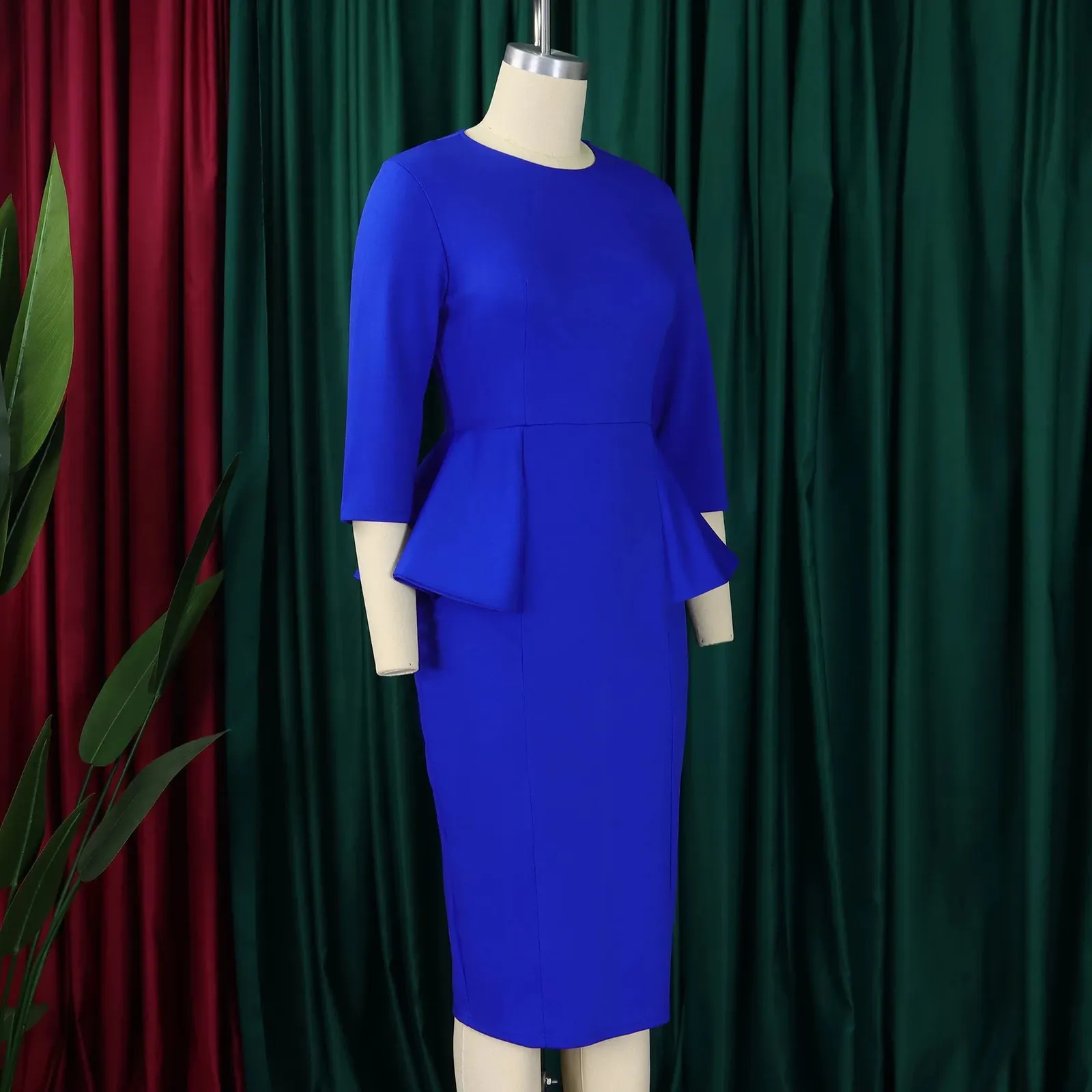 royal blue work dress Zapaka Women Black Work Dress Pencil Midi Peak Lapel Business Dress with Sleeves, Royal Blue / US16W main image 1