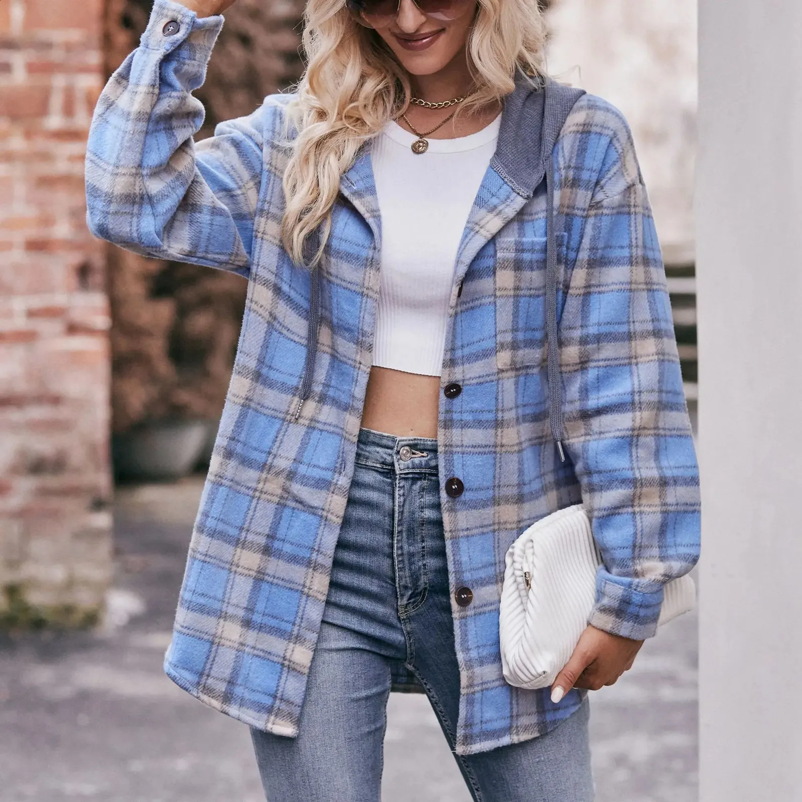 Plaid Hooded Flannel Coat Womens Casual Loose Fit Shirt