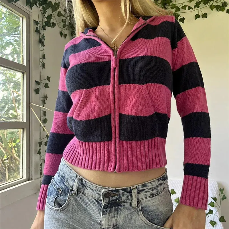 Y2K Grunge Zip Up Hoodie: Emo Striped Knitted Crop Top with