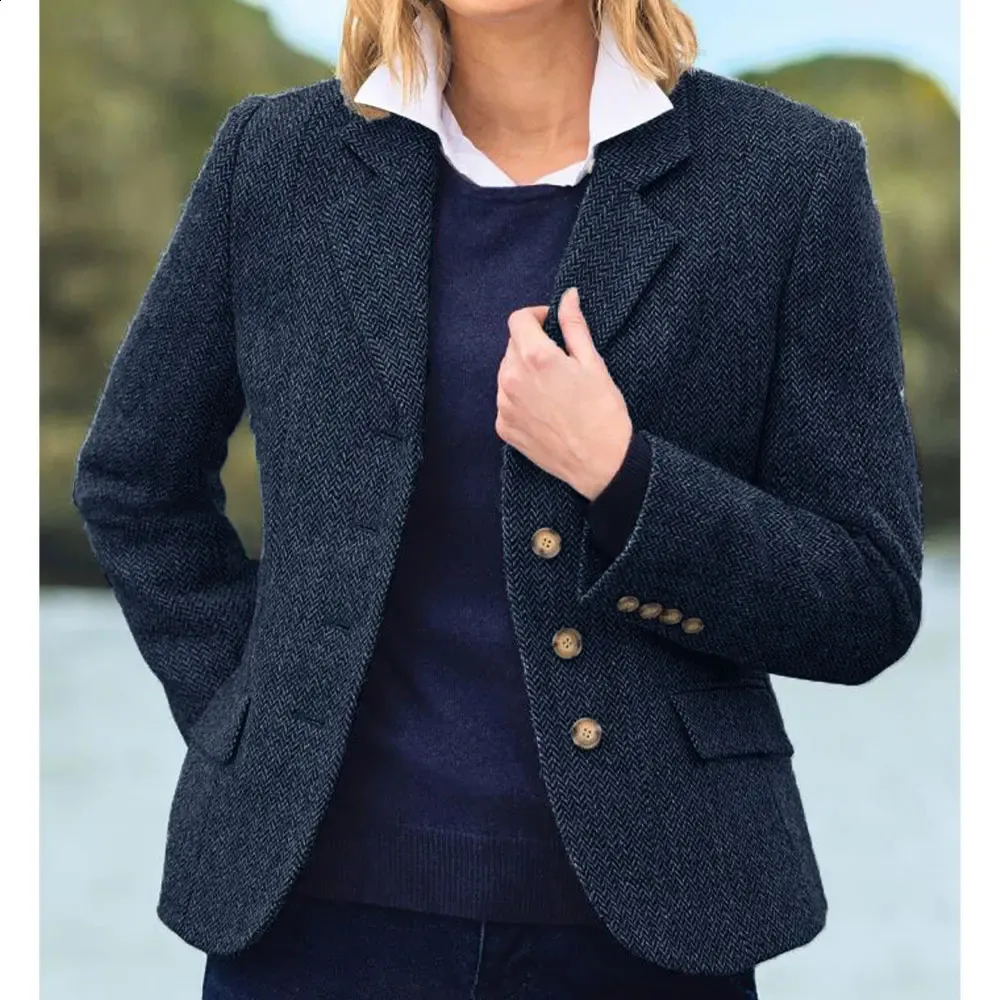 Women's Herringbone Tweed Jacket – Slim Fit, Single Breasted, Bright Line Trim, Custom Made