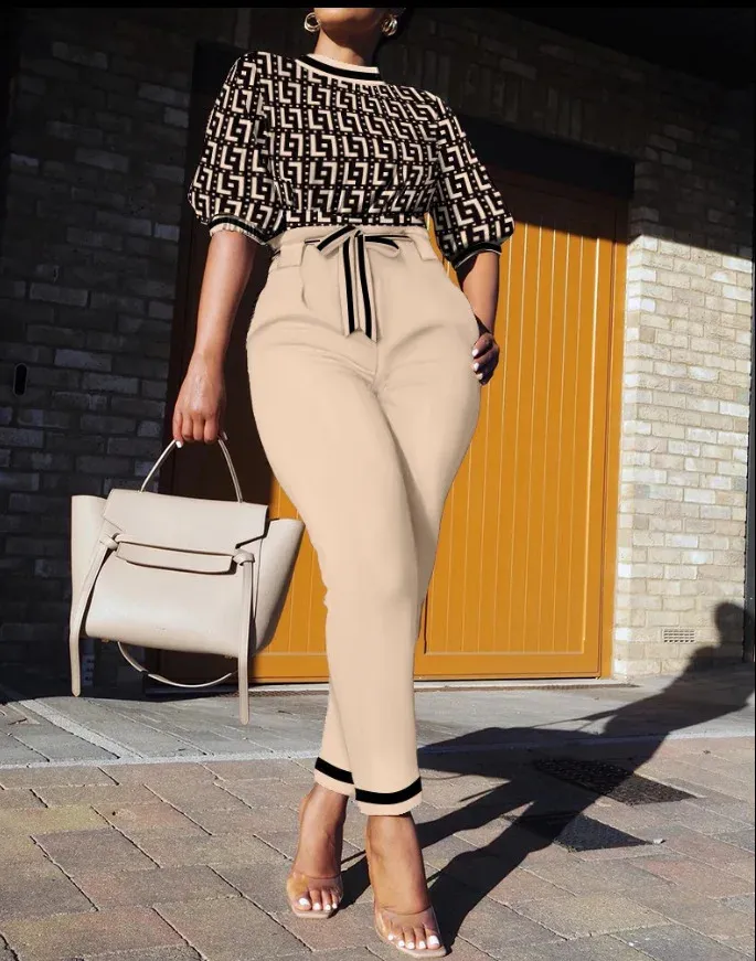Office Lady's Printed Lace-Up Two-Piece Set - Short